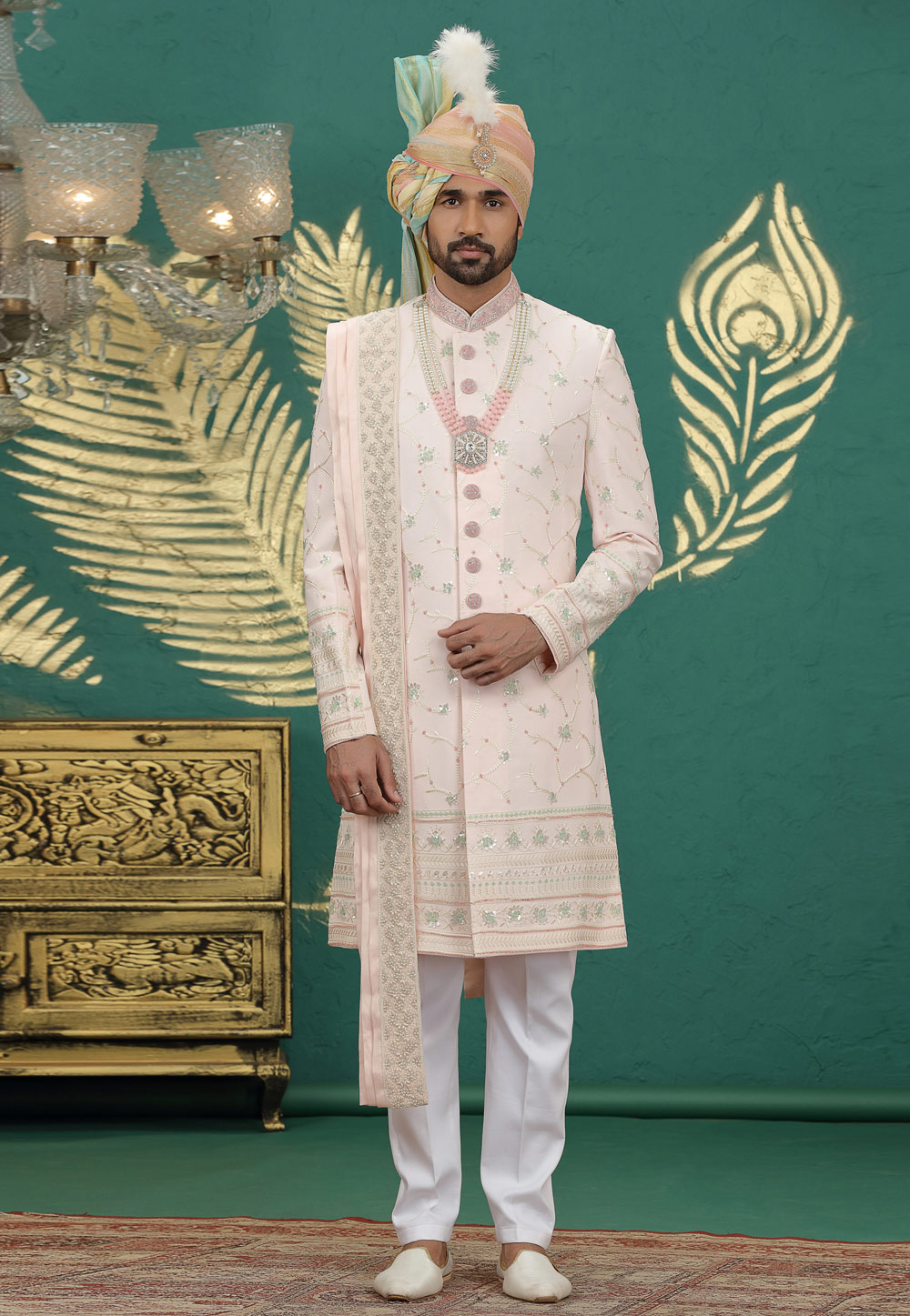 Peach Art Silk Achkan Style Sherwani With Dupatta 319005