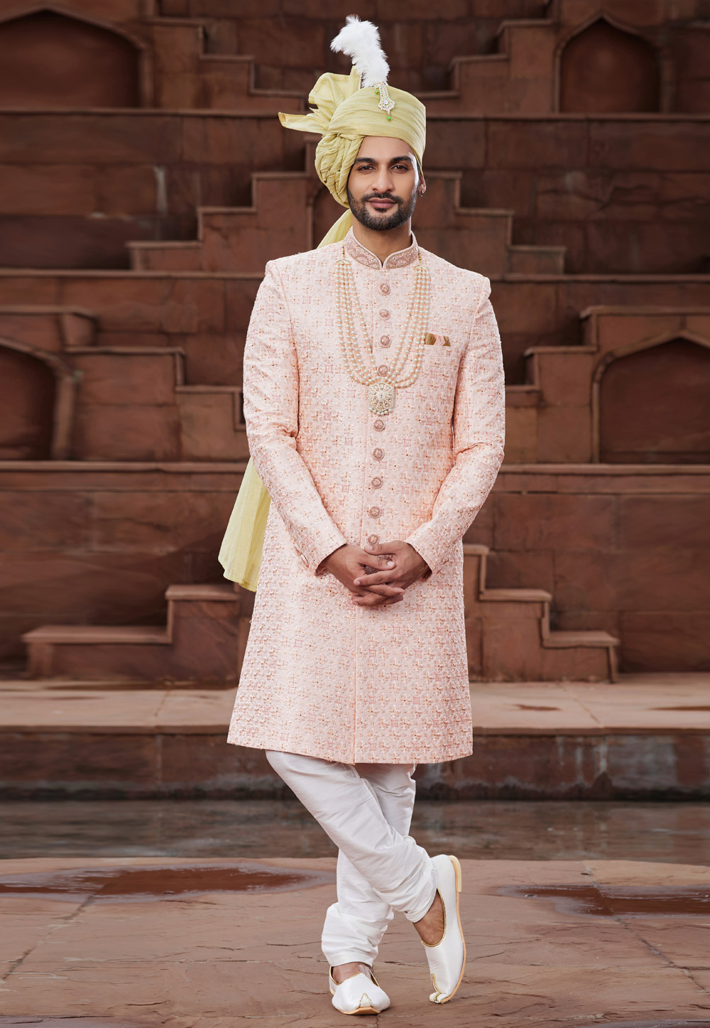 Peach Art Silk Achkan Style Sherwani With Stole 280139