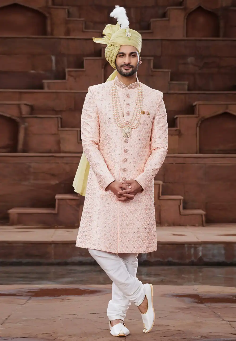Peach Art Silk Achkan Style Sherwani With Stole 280139