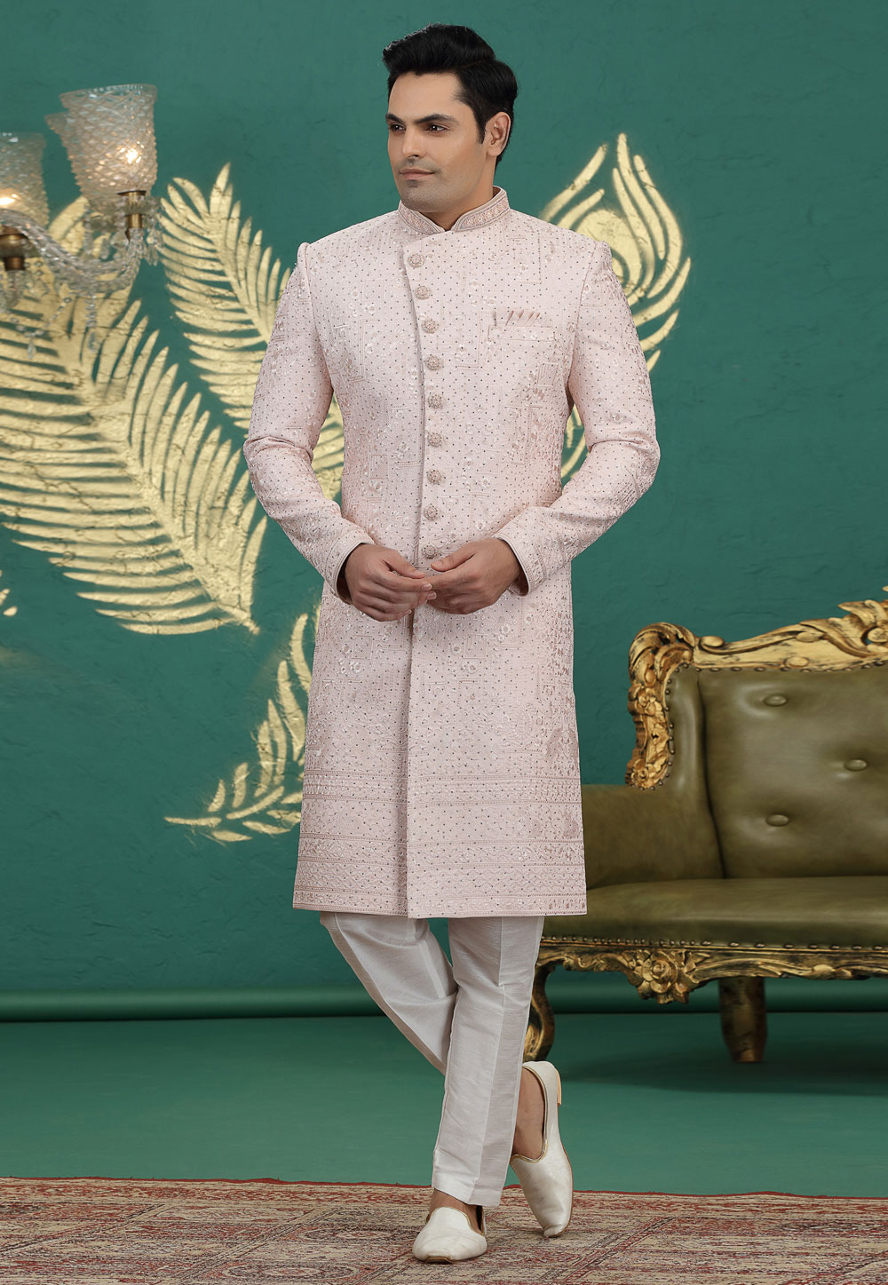 Peach Art Silk Indo Western Sherwani 319019