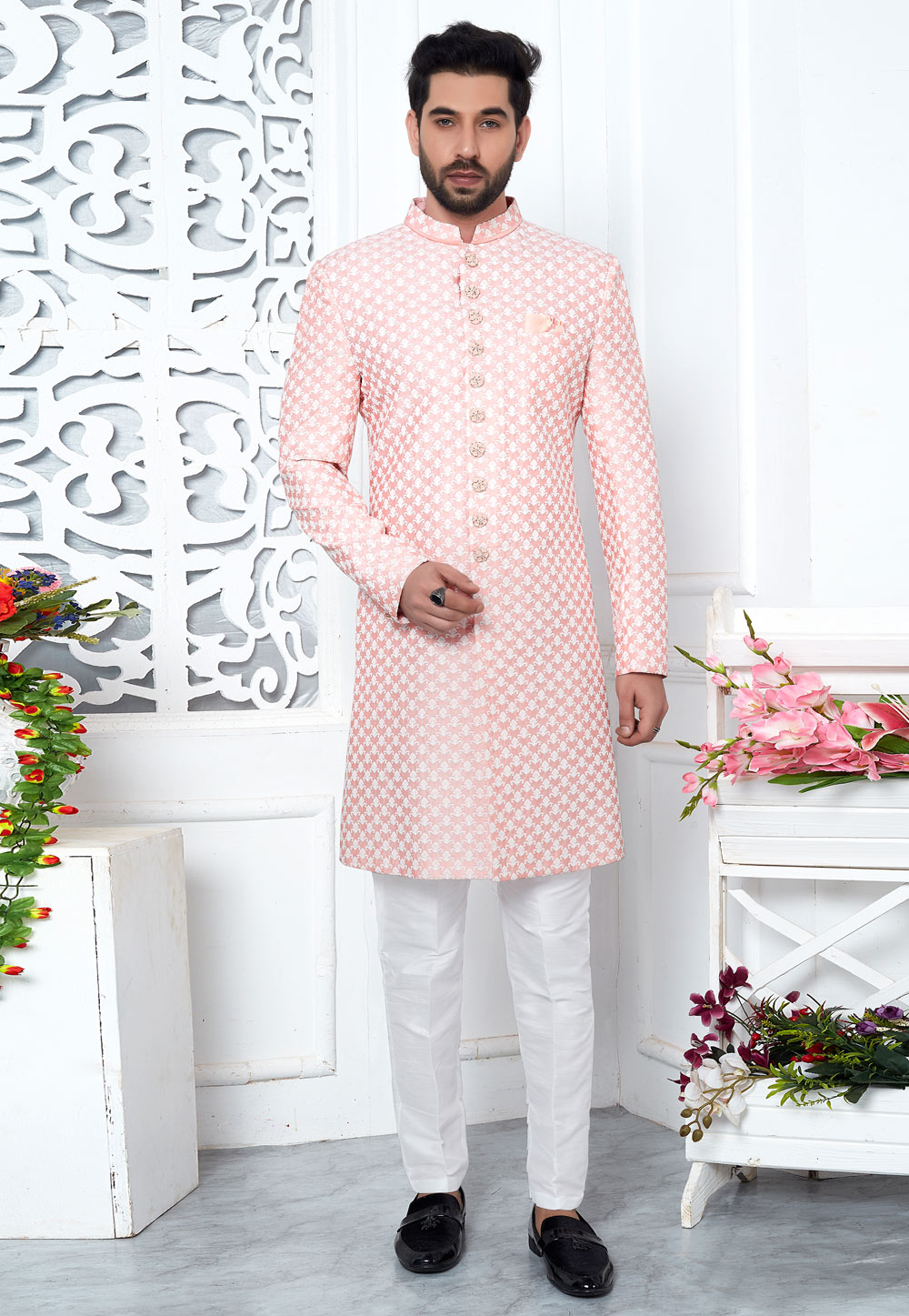 Peach Art Silk Indo Western Suit 280169