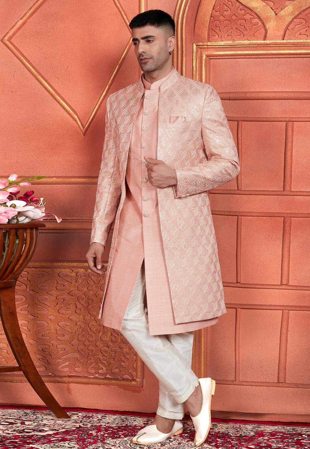 Peach Art Silk Indo Western Suit 285737