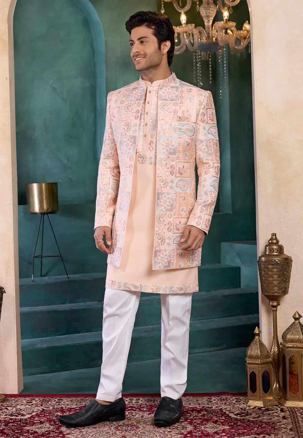 Peach Art Silk Indo Western Suit 335920
