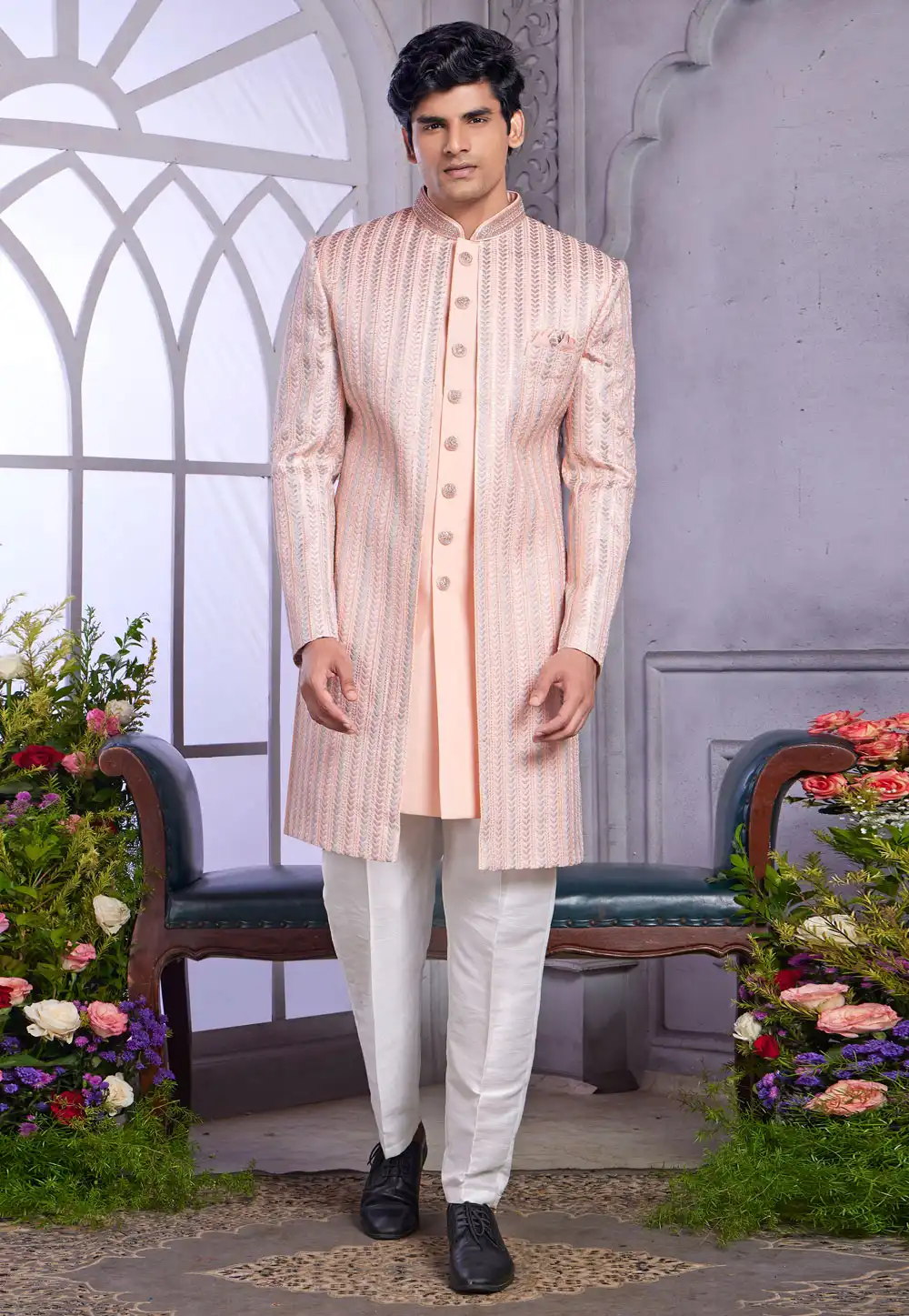Peach Art Silk Jacket Style Sherwani 308594