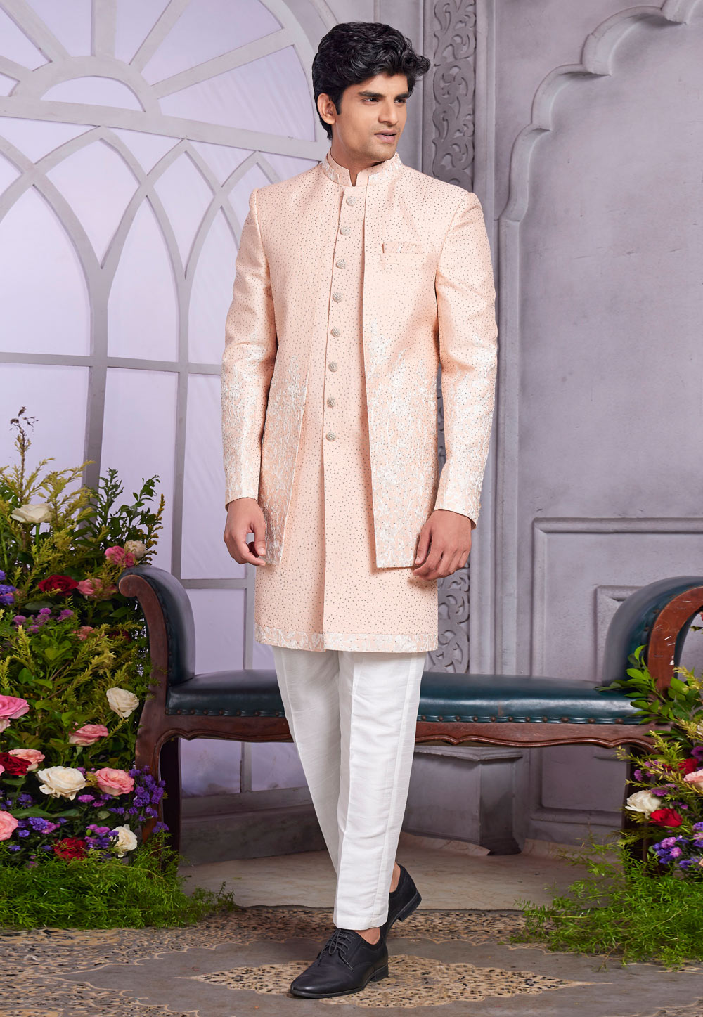 Peach Art Silk Jacket Style Sherwani 308599