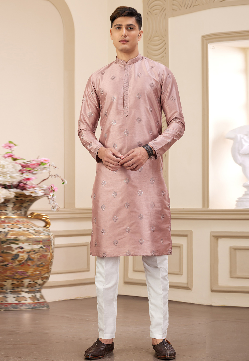 Peach Art Silk Kurta Pajama 308557