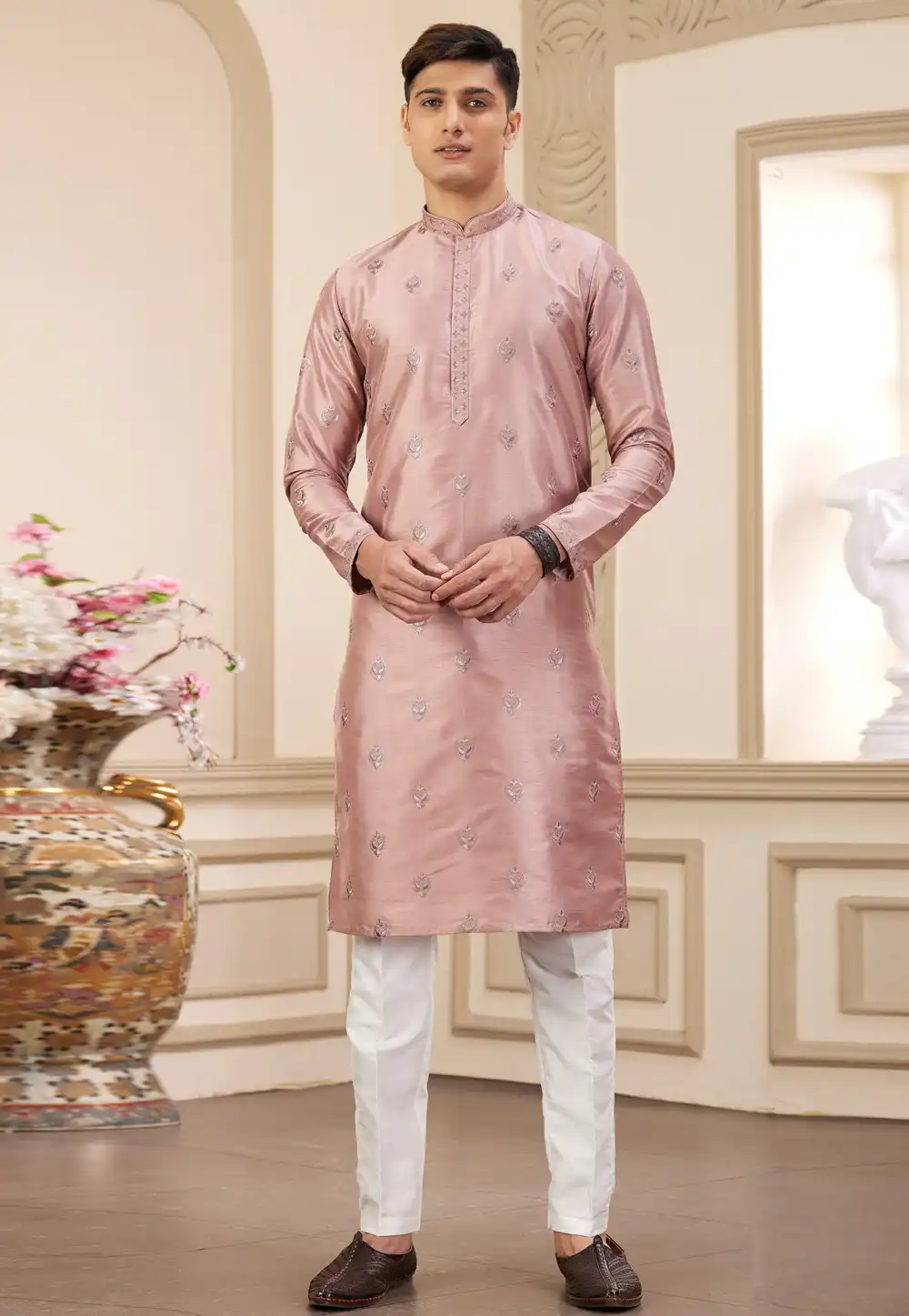 Peach Art Silk Kurta Pajama 308557