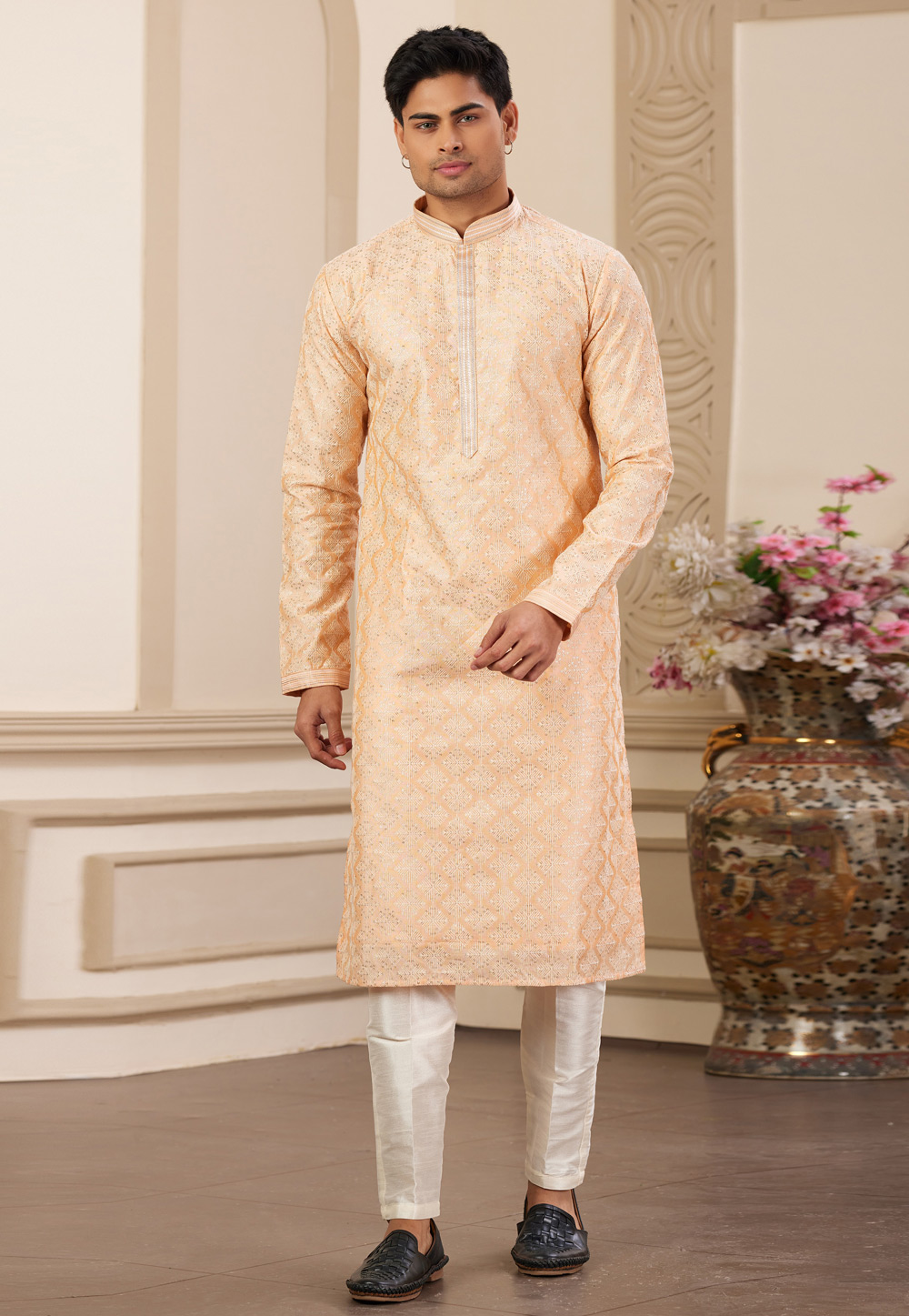 Peach Art Silk Kurta Pajama 308562