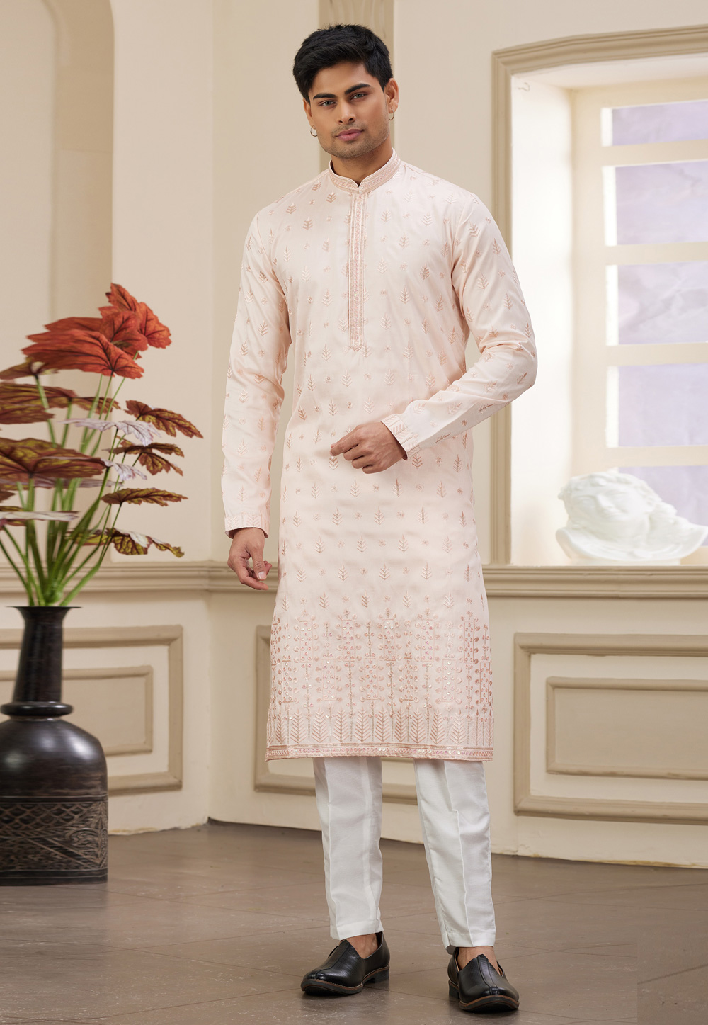 Peach Art Silk Kurta Pajama 308566