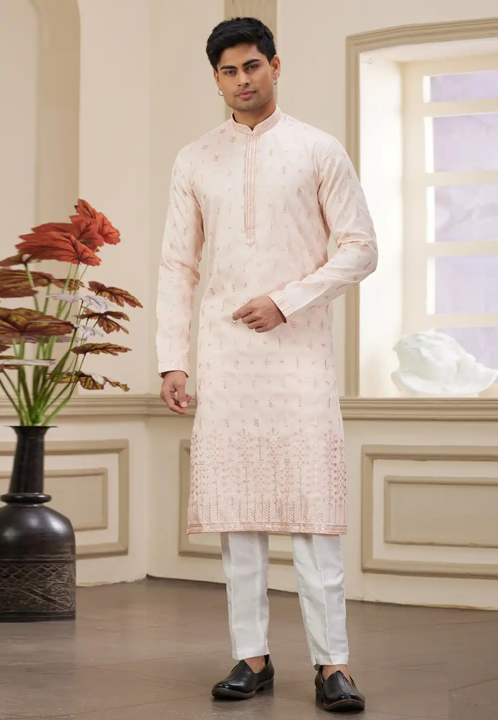 Peach Art Silk Kurta Pajama 308566