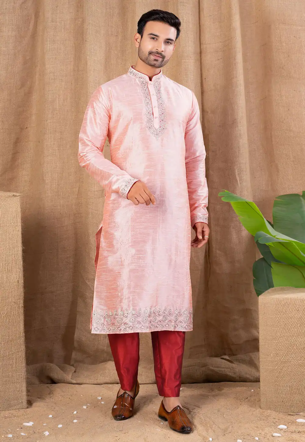 Peach Art Silk Kurta Pajama 316439