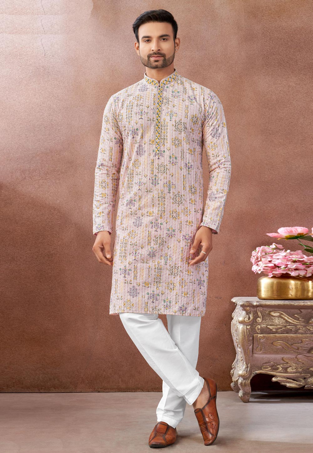 Peach Art Silk Kurta Pajama 322482