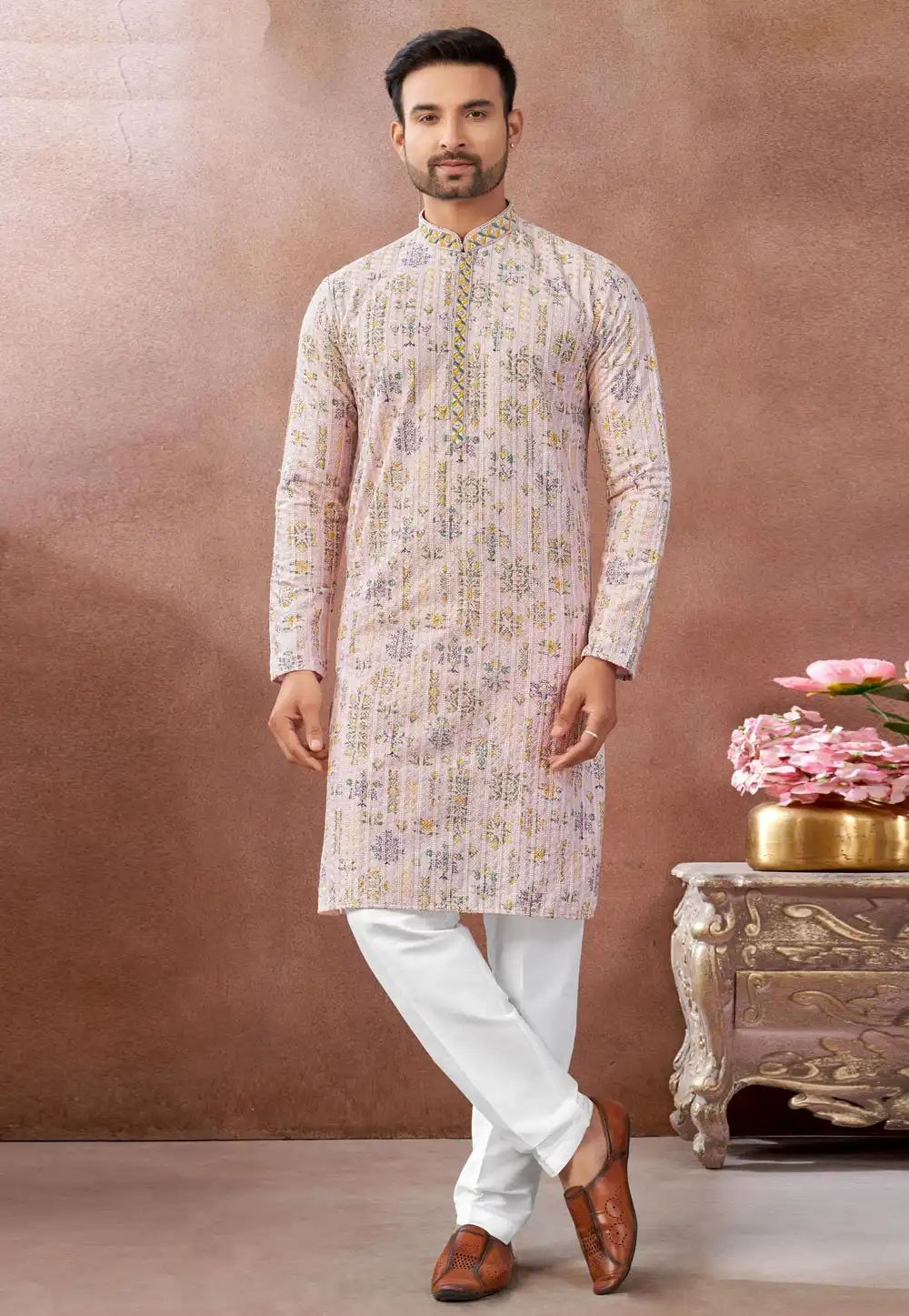 Peach Art Silk Kurta Pajama 322482