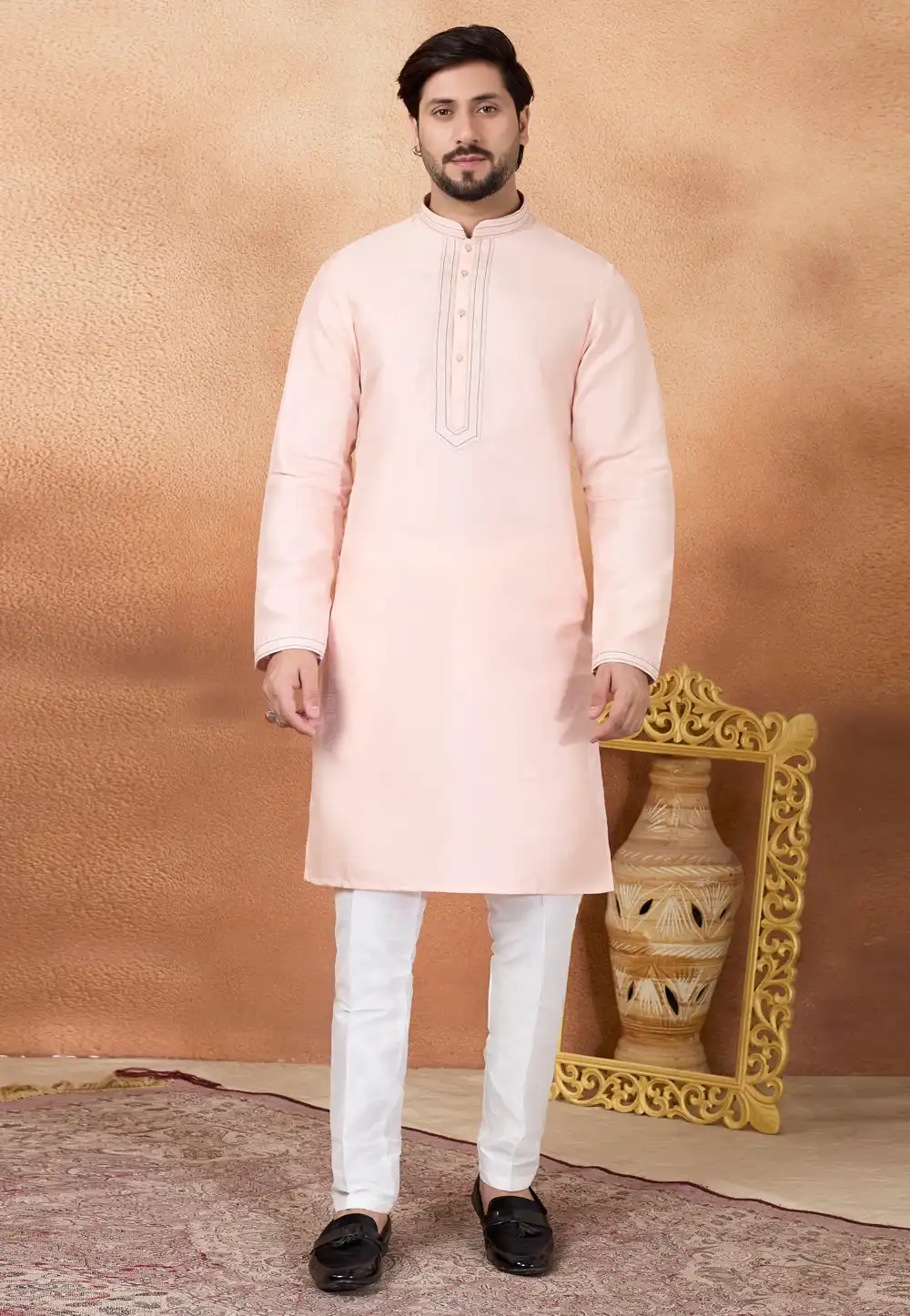 Peach Art Silk Kurta Pajama 323390