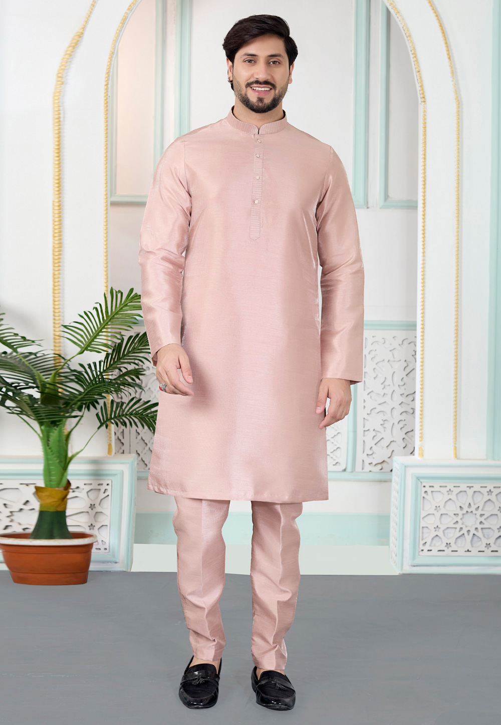 Peach Art Silk Kurta Pajama 323396