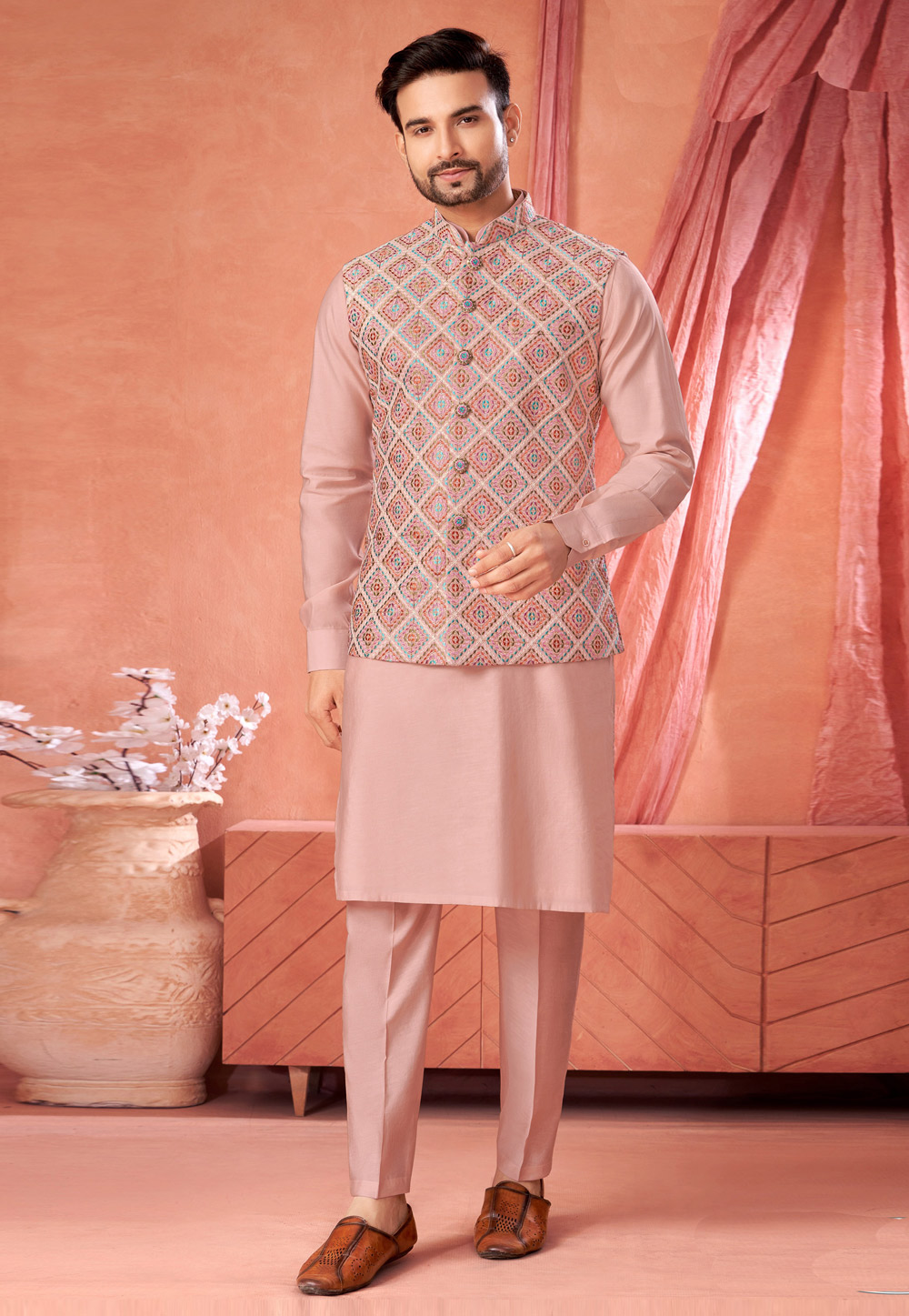 Peach Art Silk Kurta Pajama With Jacket 322315