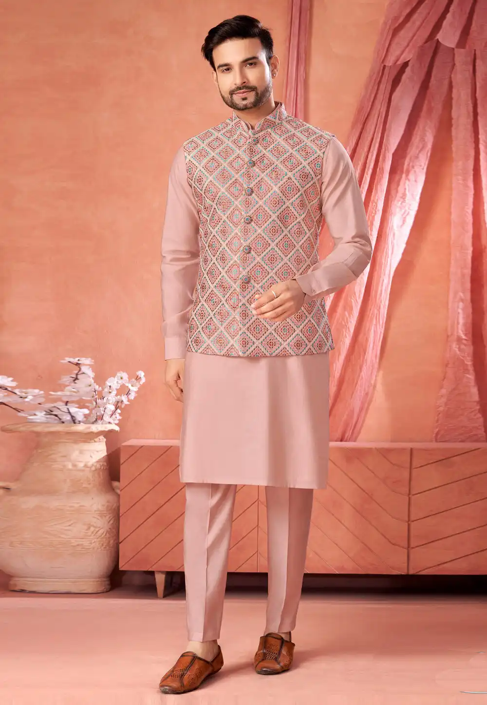 Peach Art Silk Kurta Pajama With Jacket 322315