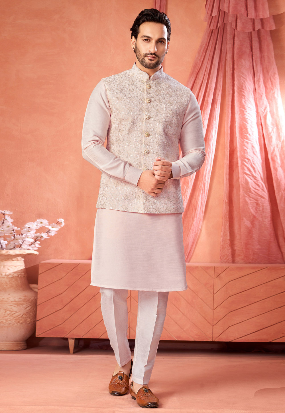 Peach Art Silk Kurta Pajama With Jacket 322319