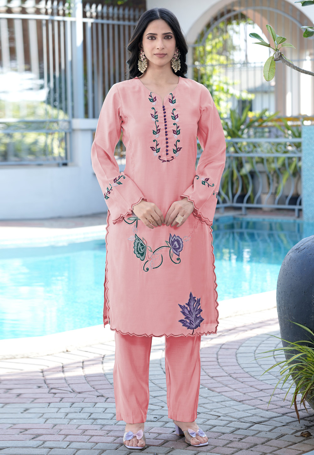 Peach Art Silk Readymade Pakistani Suit 325027