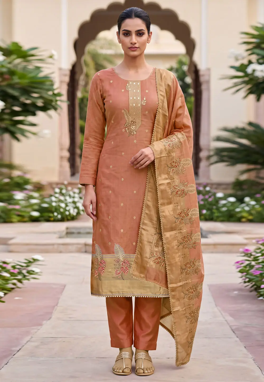 Peach Banarasi Cotton Pant Style Suit 335372