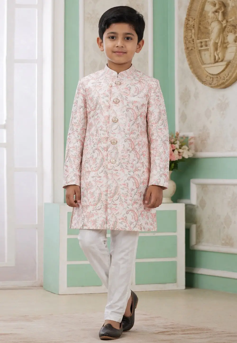 Peach Banarasi Jacquard Boys Indo Western Suit 335786