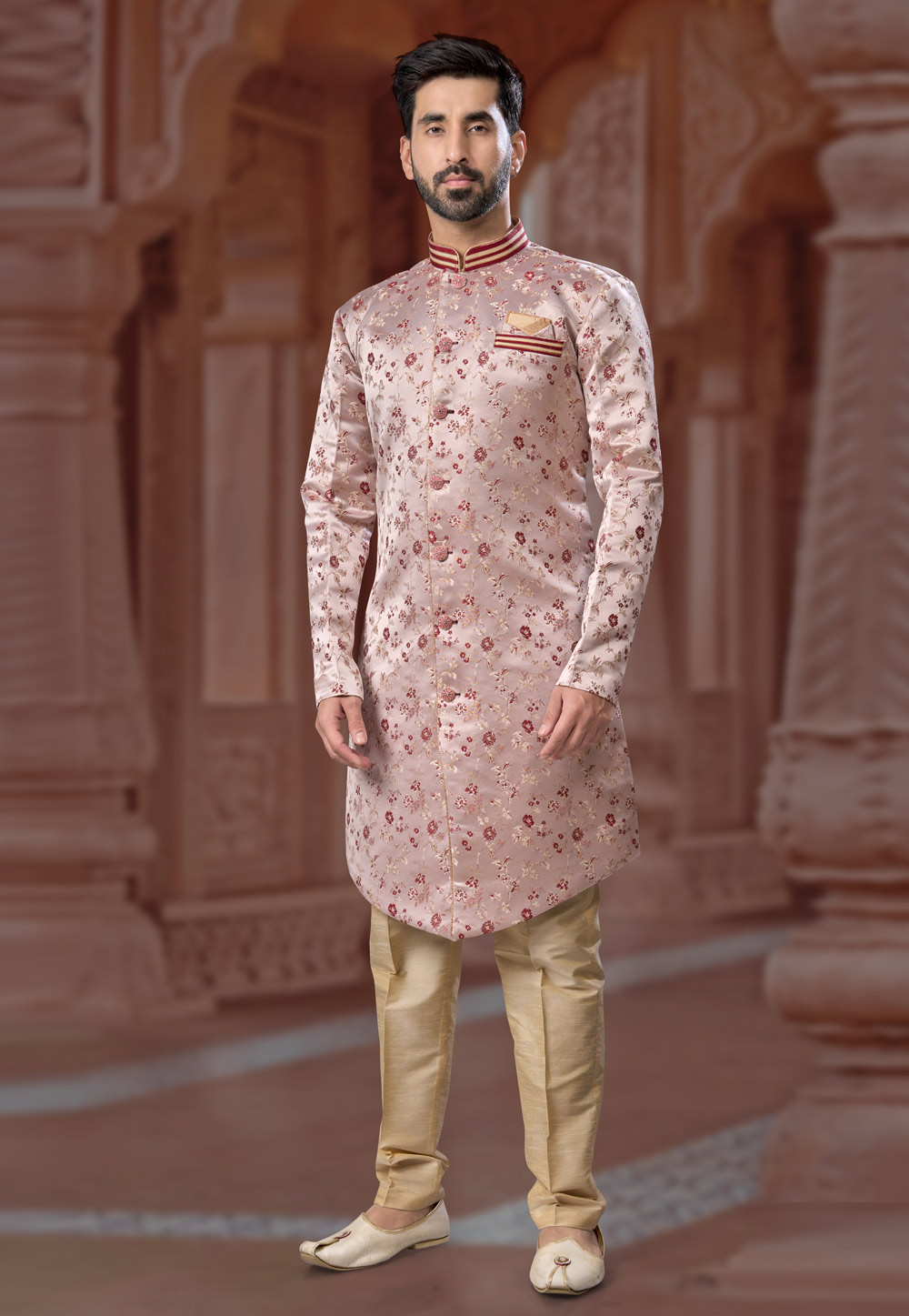 Peach Banarasi Jacquard Indo Western Sherwani 282244