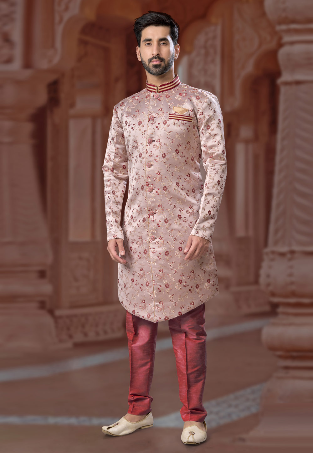 Peach Banarasi Jacquard Indo Western Sherwani 282263