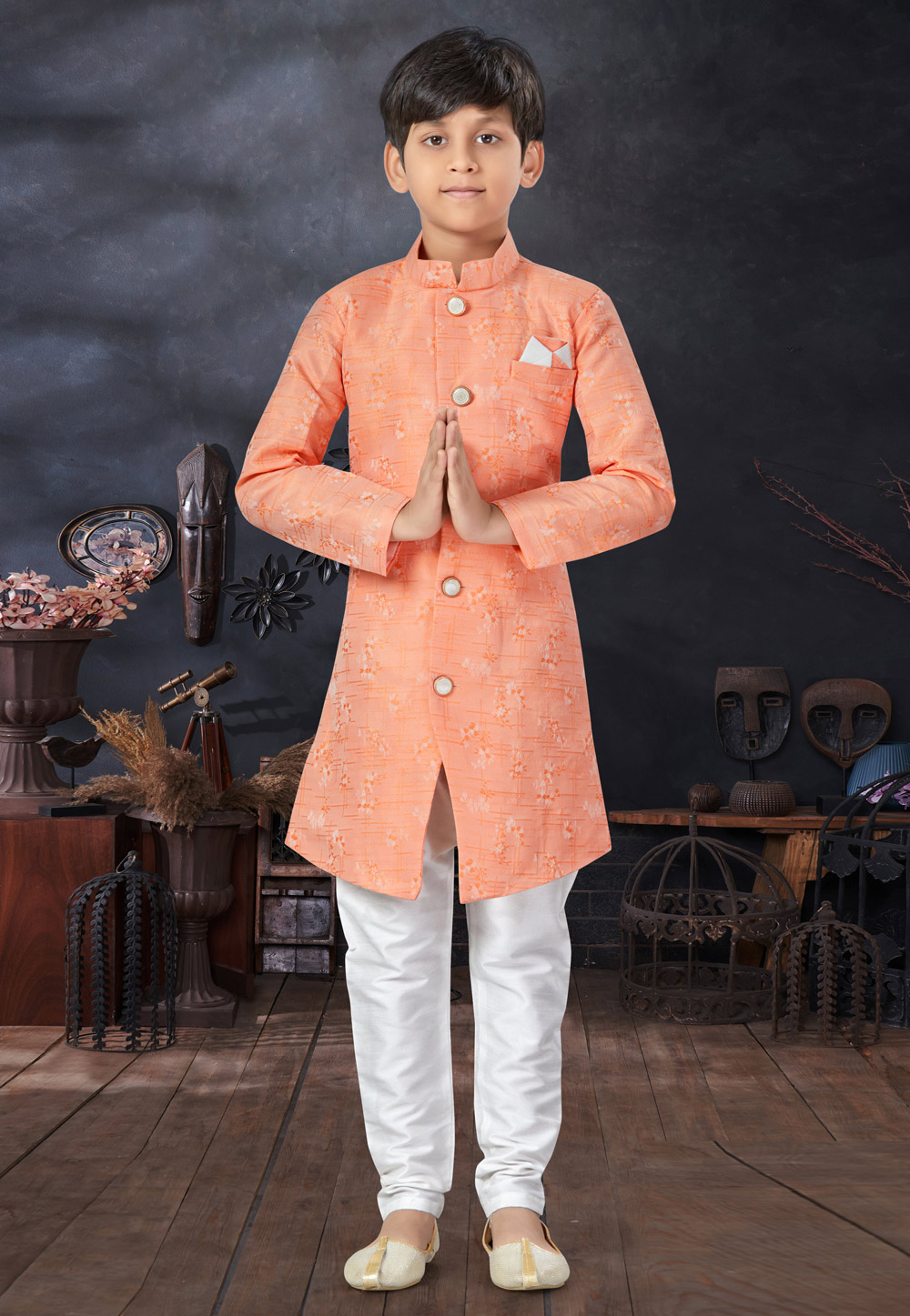 Peach Banarasi Jacquard Kids Indo Western Sherwani 279101