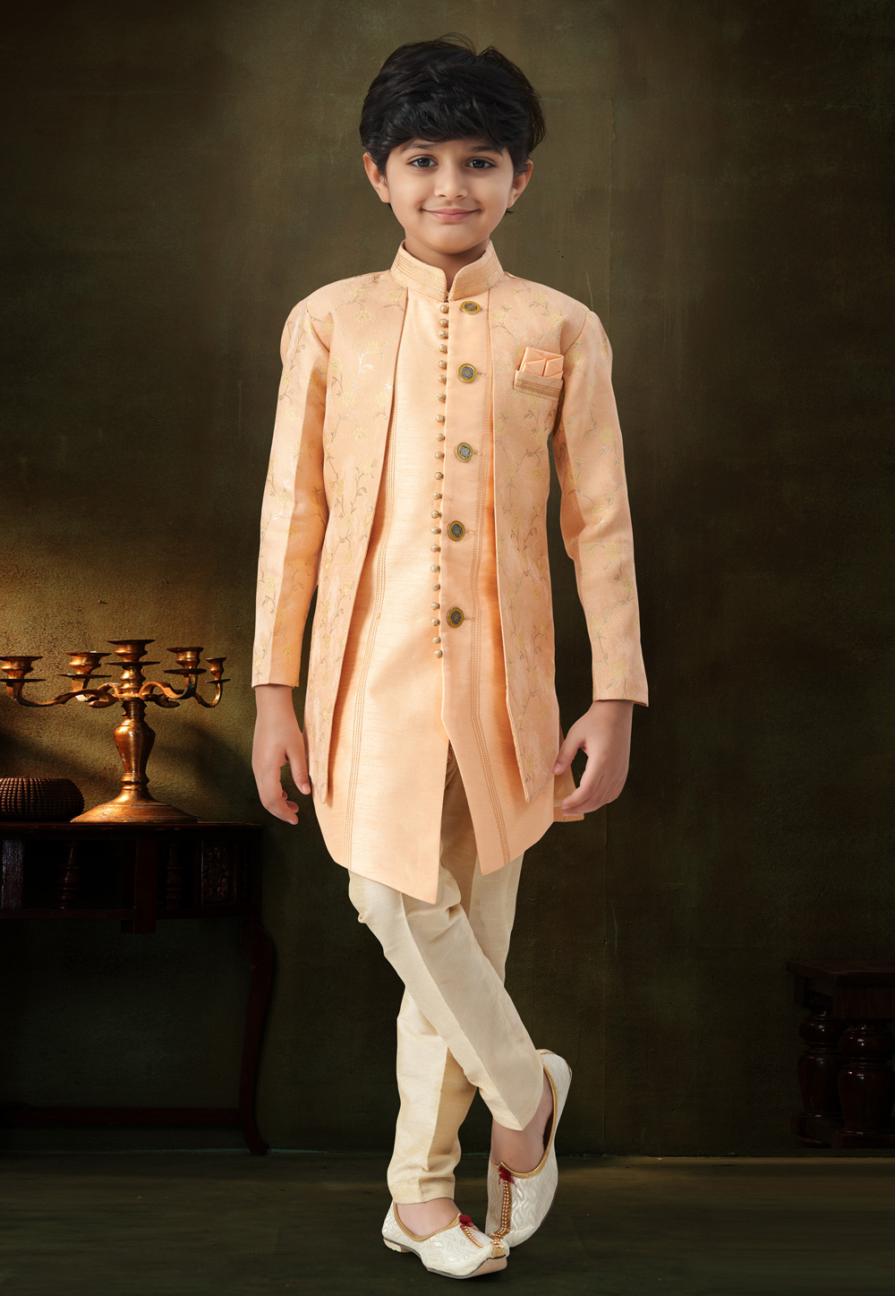 Peach Banarasi Jacquard Kids Indo Western Suit 324259