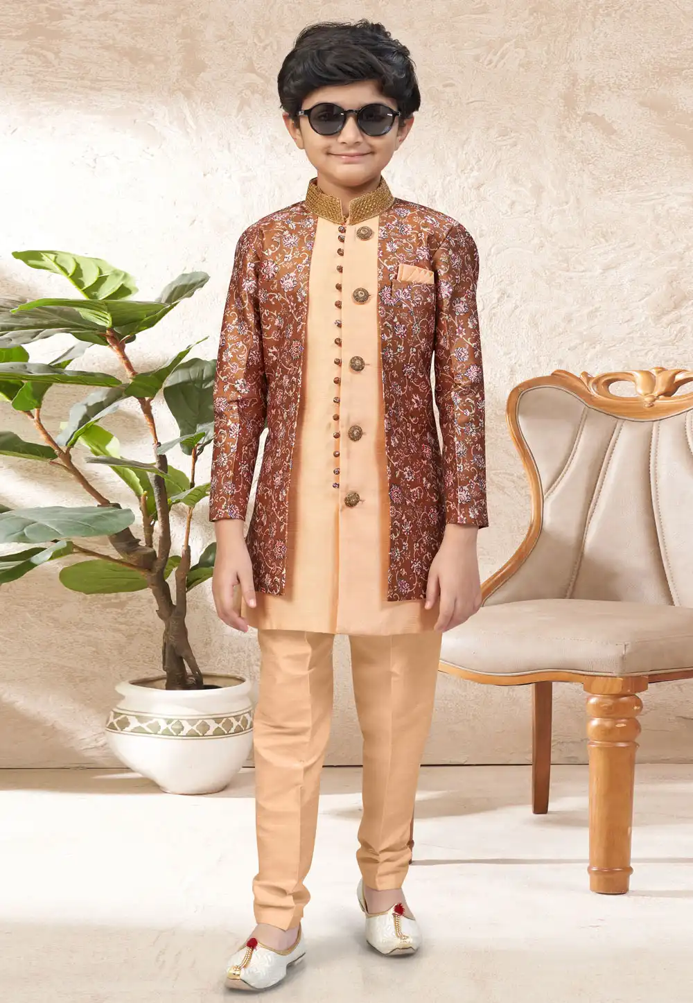 Peach Banarasi Jacquard Kids Indo Western Suit 328714