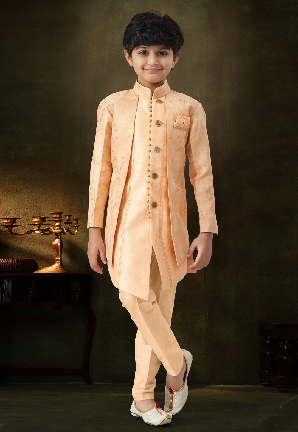 Peach Banarasi Jacquard Kids Indo Western Suit 328717