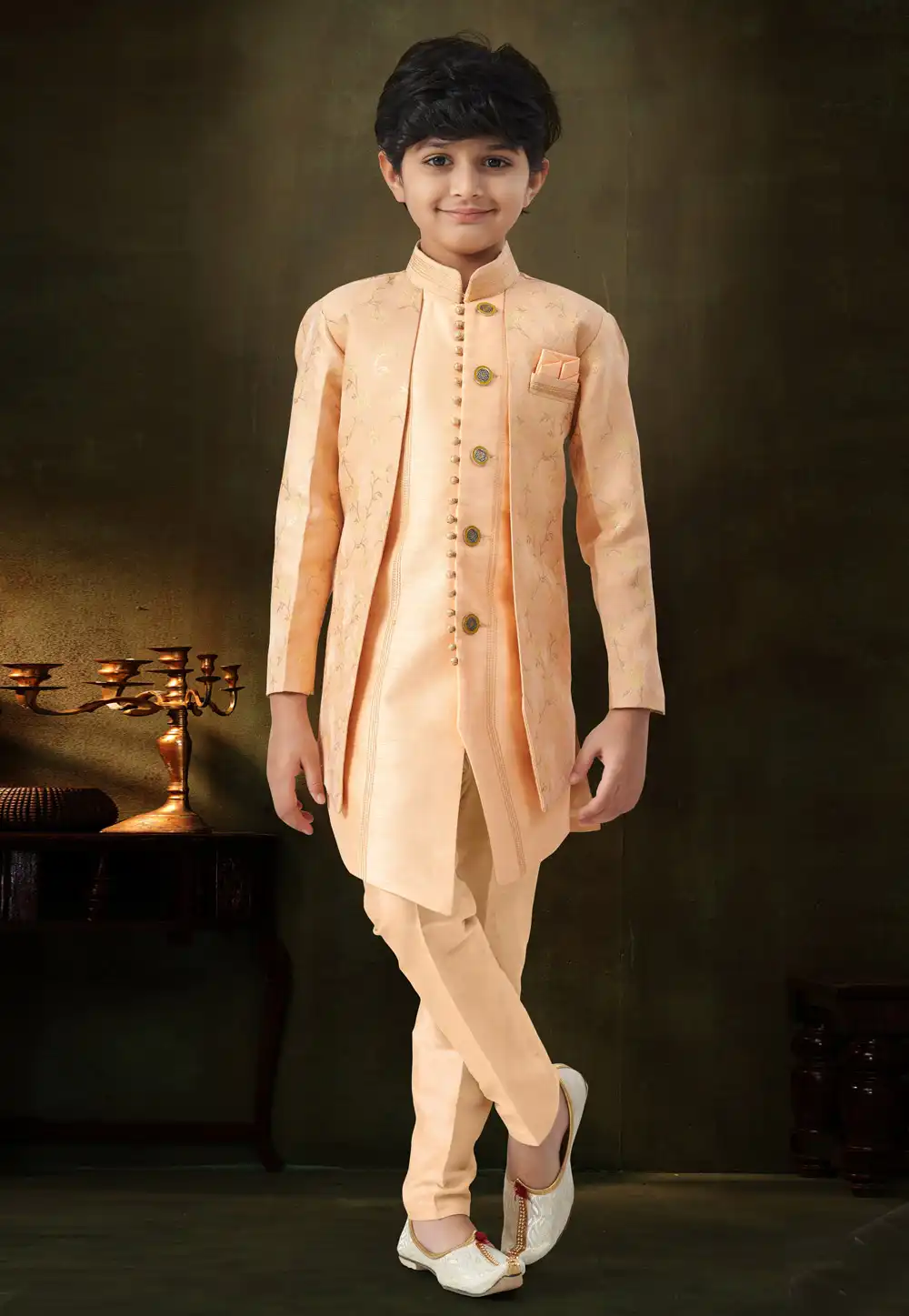 Peach Banarasi Jacquard Kids Indo Western Suit 328717