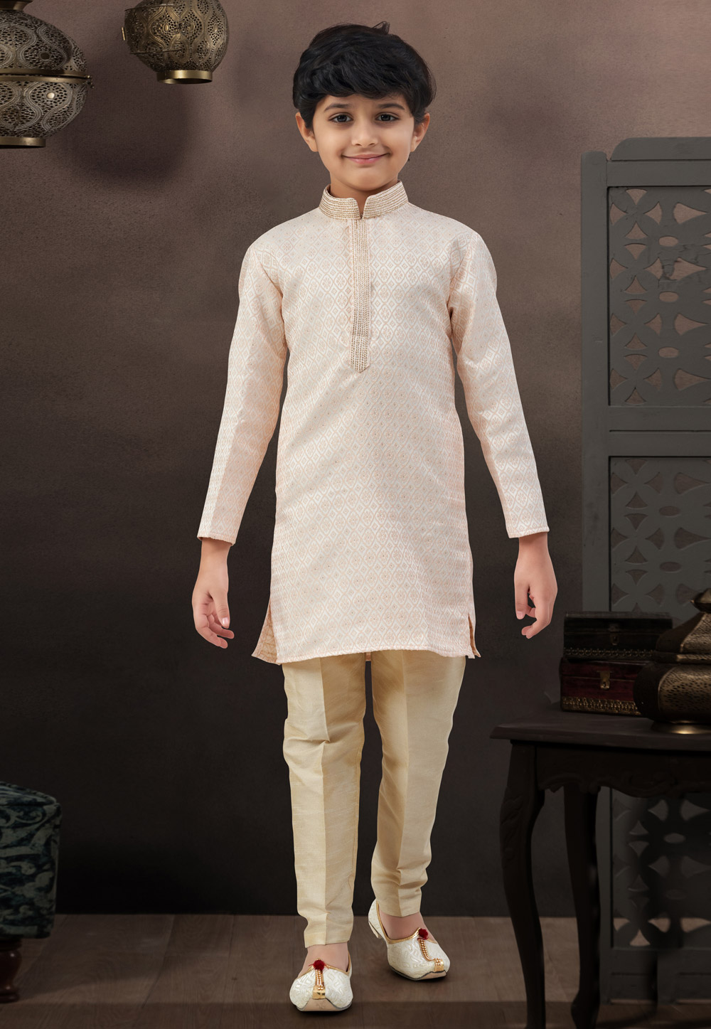 Peach Banarasi Jacquard Kids Kurta Pajama 328725