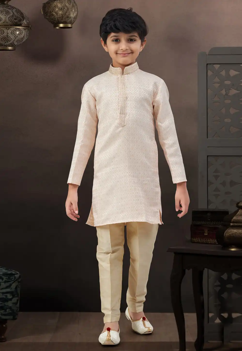 Peach Banarasi Jacquard Kids Kurta Pajama 328725