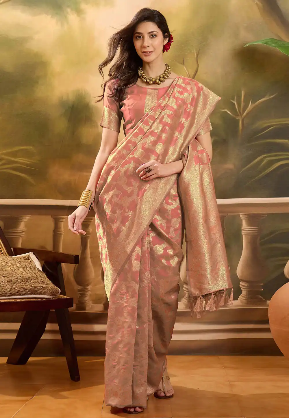 Peach Banarasi Jacquard Saree With Blouse 316802