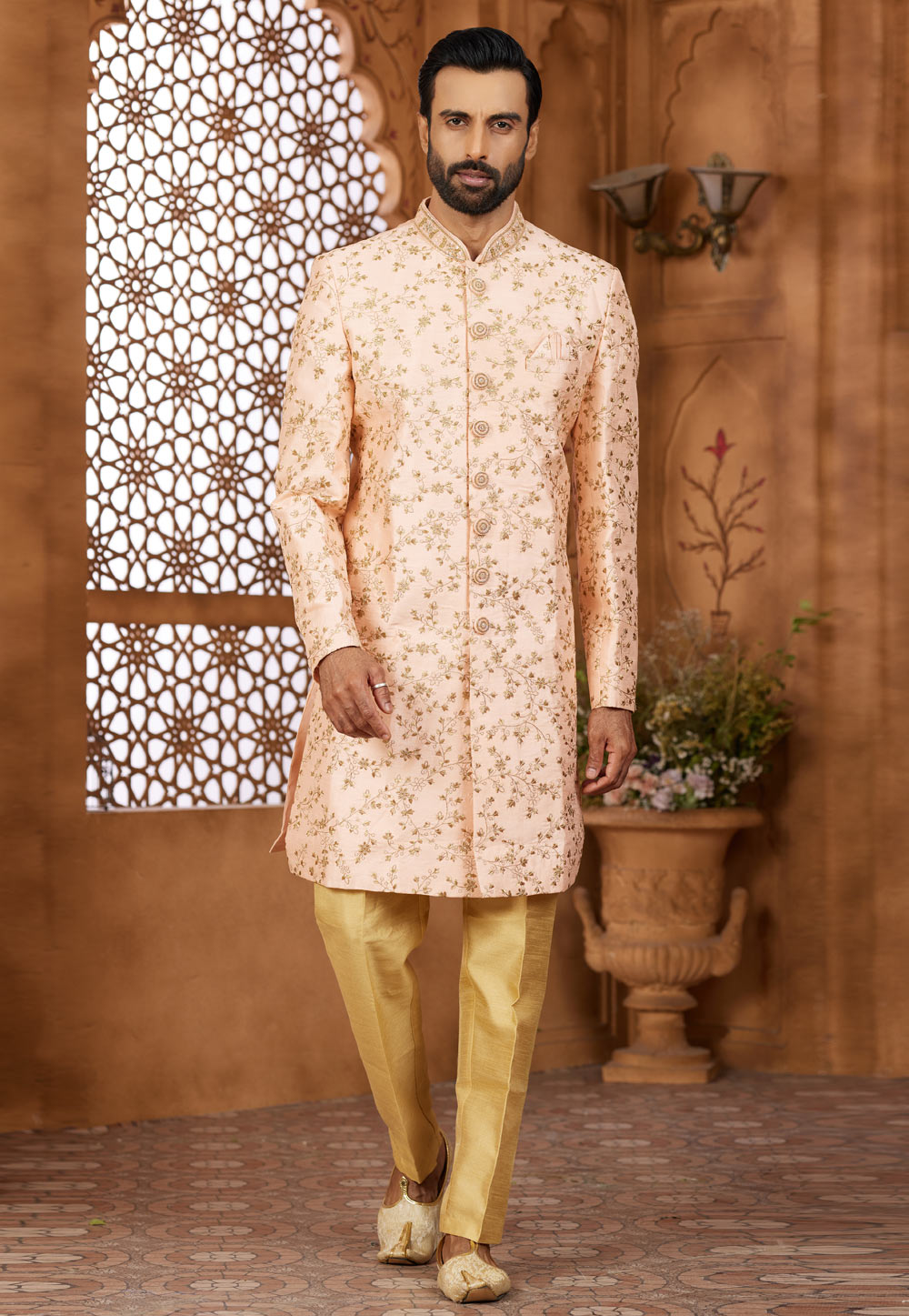 Peach Banarasi Silk Indo Western Sherwani 306703