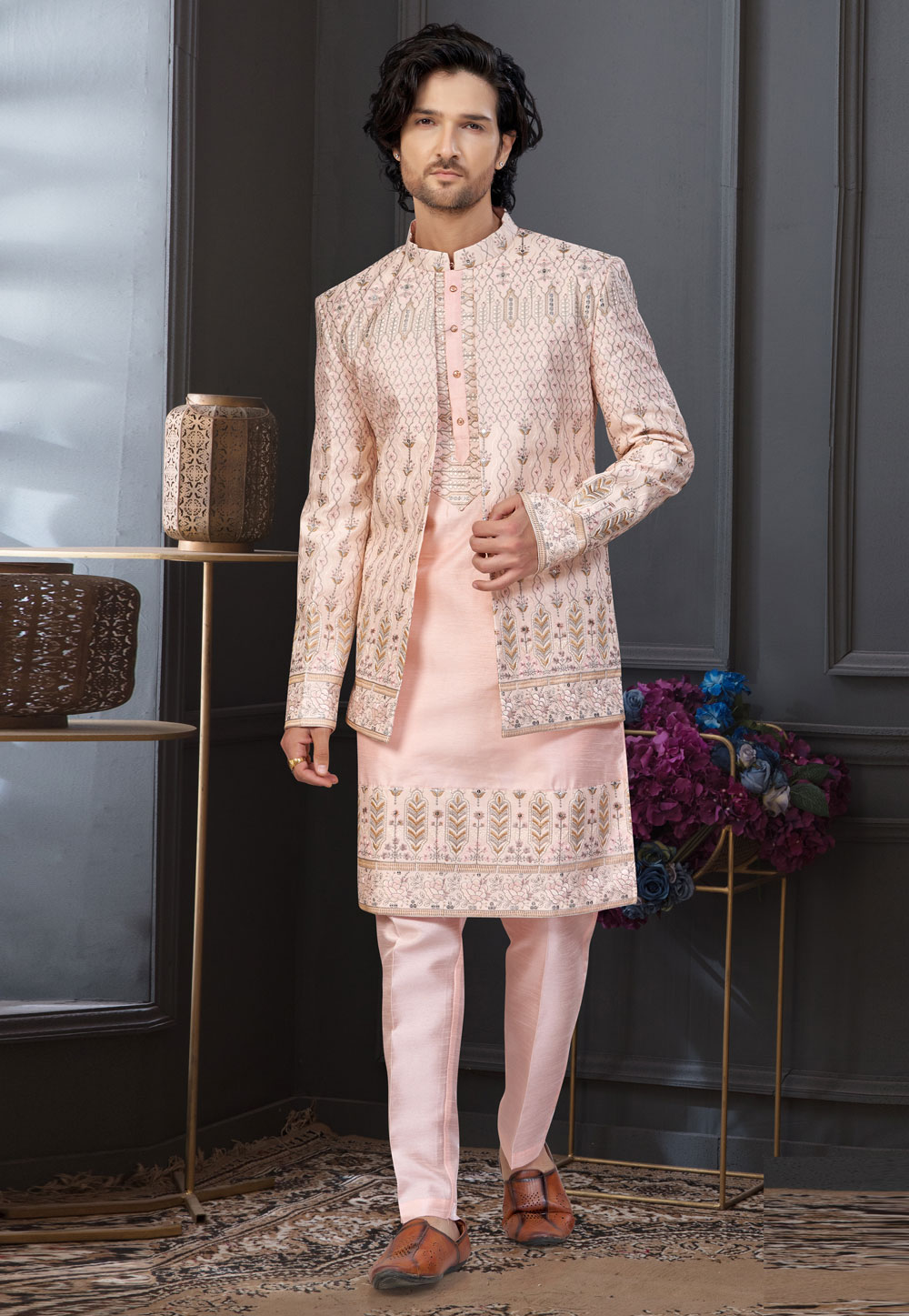 Peach Banarasi Silk Indo Western Suit 322886