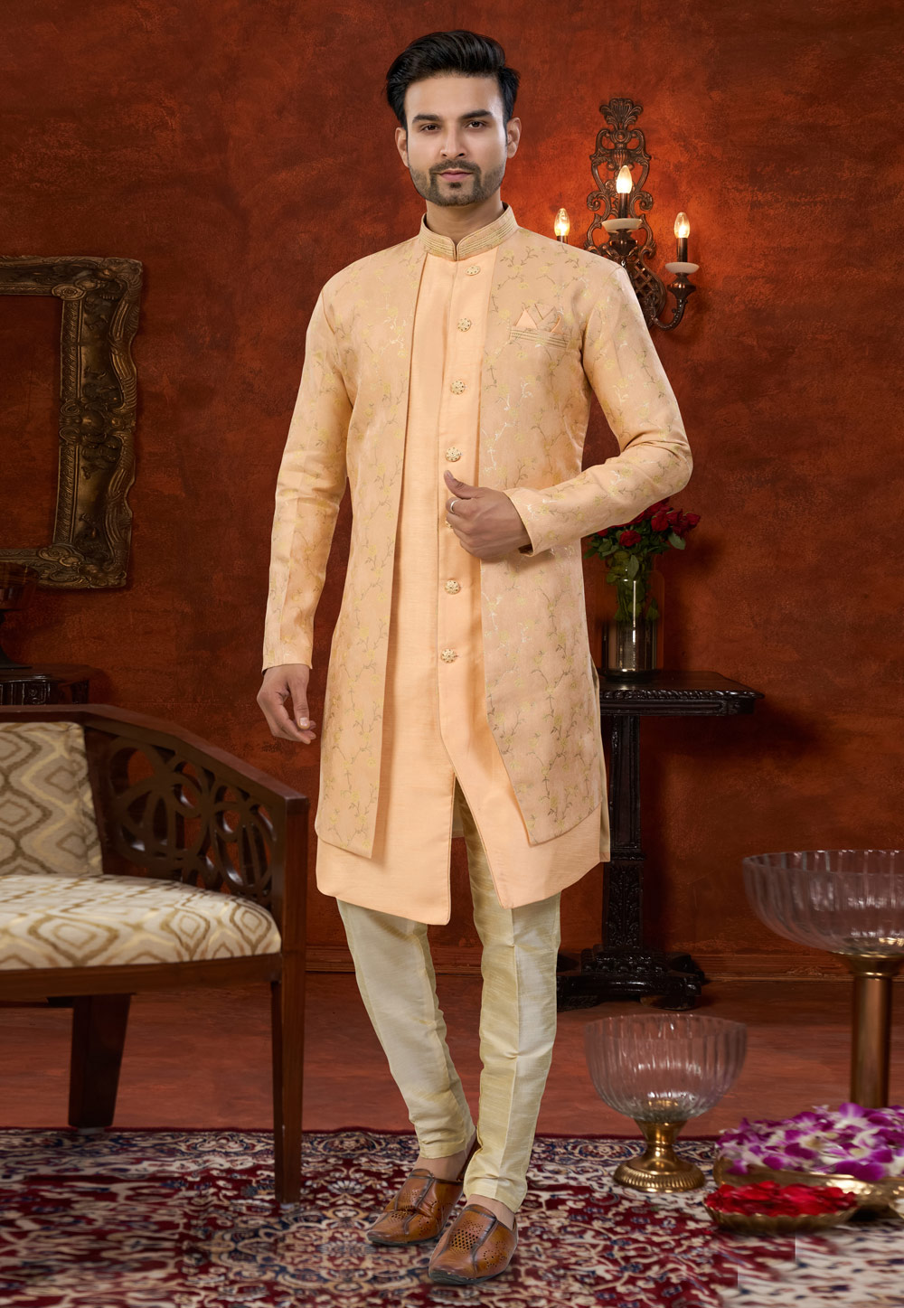 Peach Banarasi Silk Indo Western Suit 324626