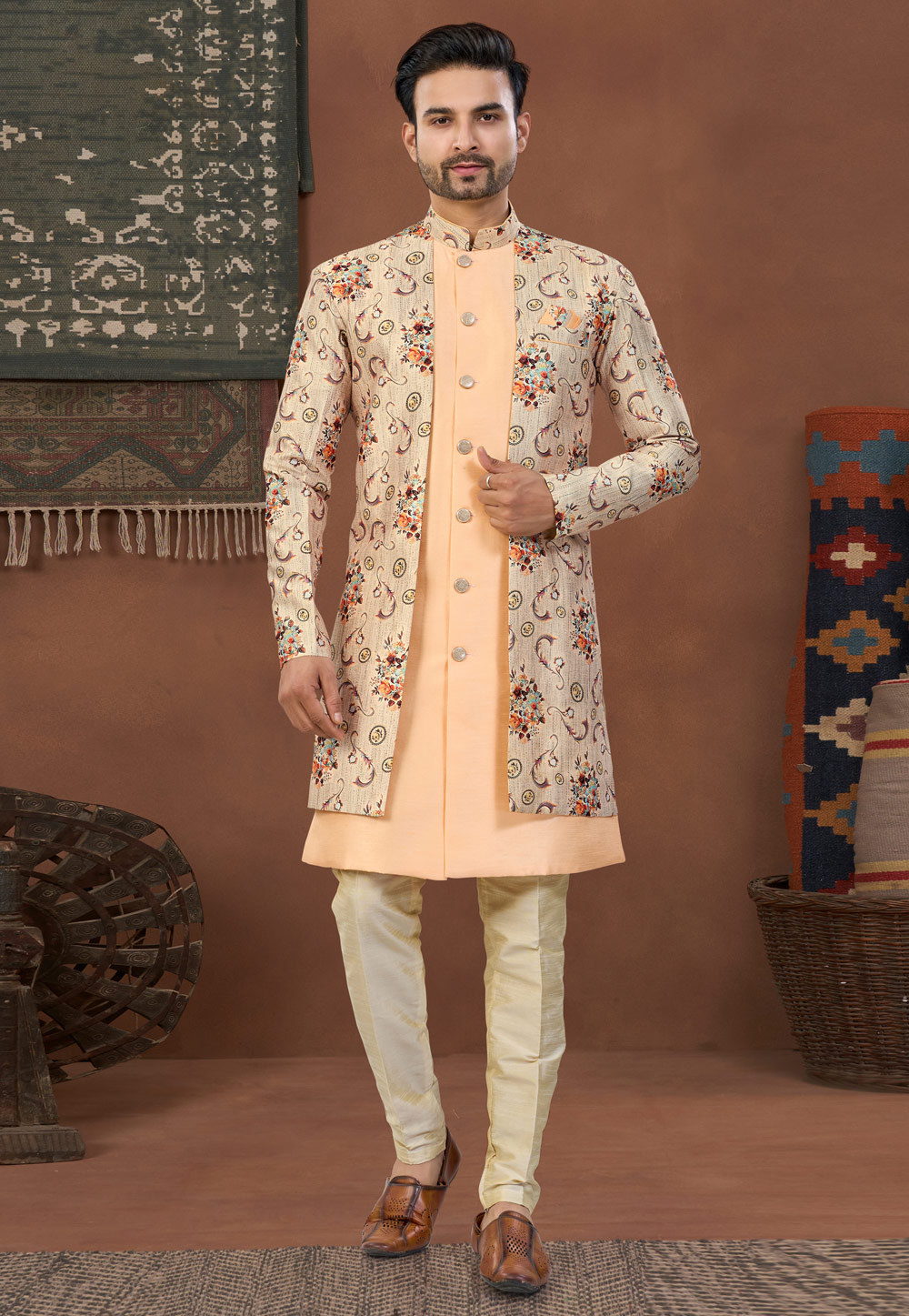 Peach Banarasi Silk Indo Western Suit 324627