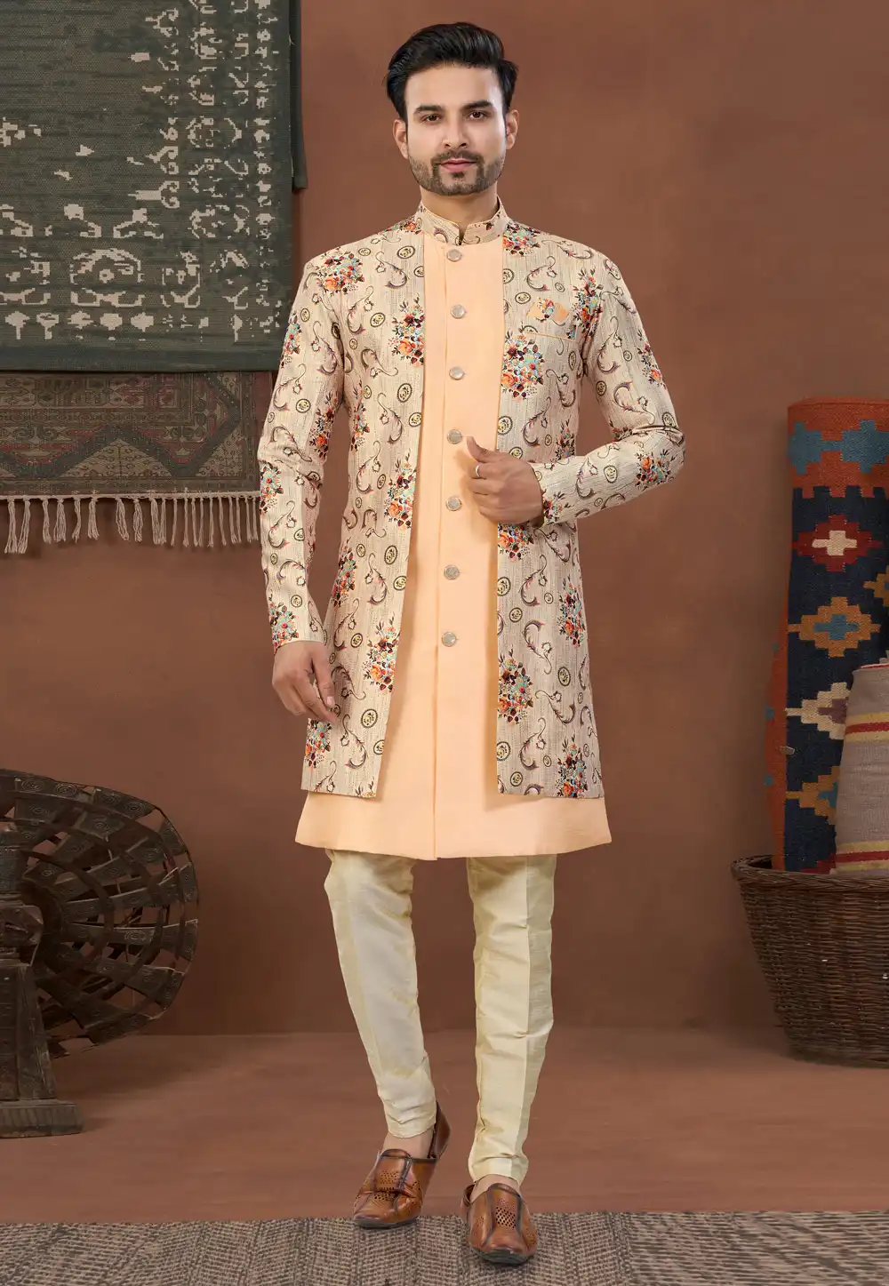 Peach Banarasi Silk Indo Western Suit 324627