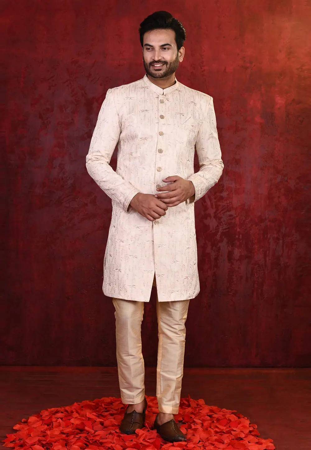 Peach Banarasi Silk Indo Western Suit 335262