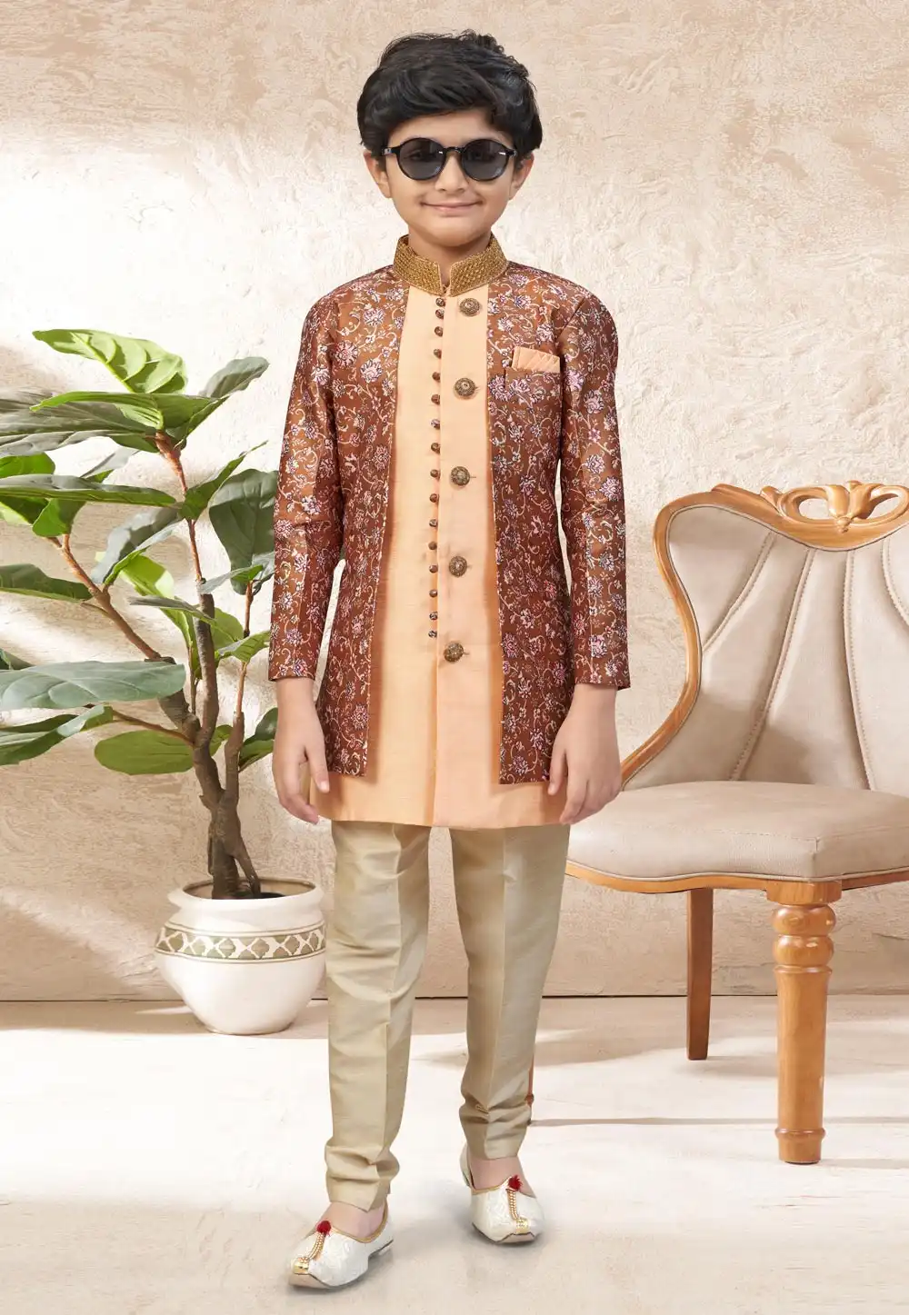Peach Banarasi Silk Kids Indo Western Suit 324257
