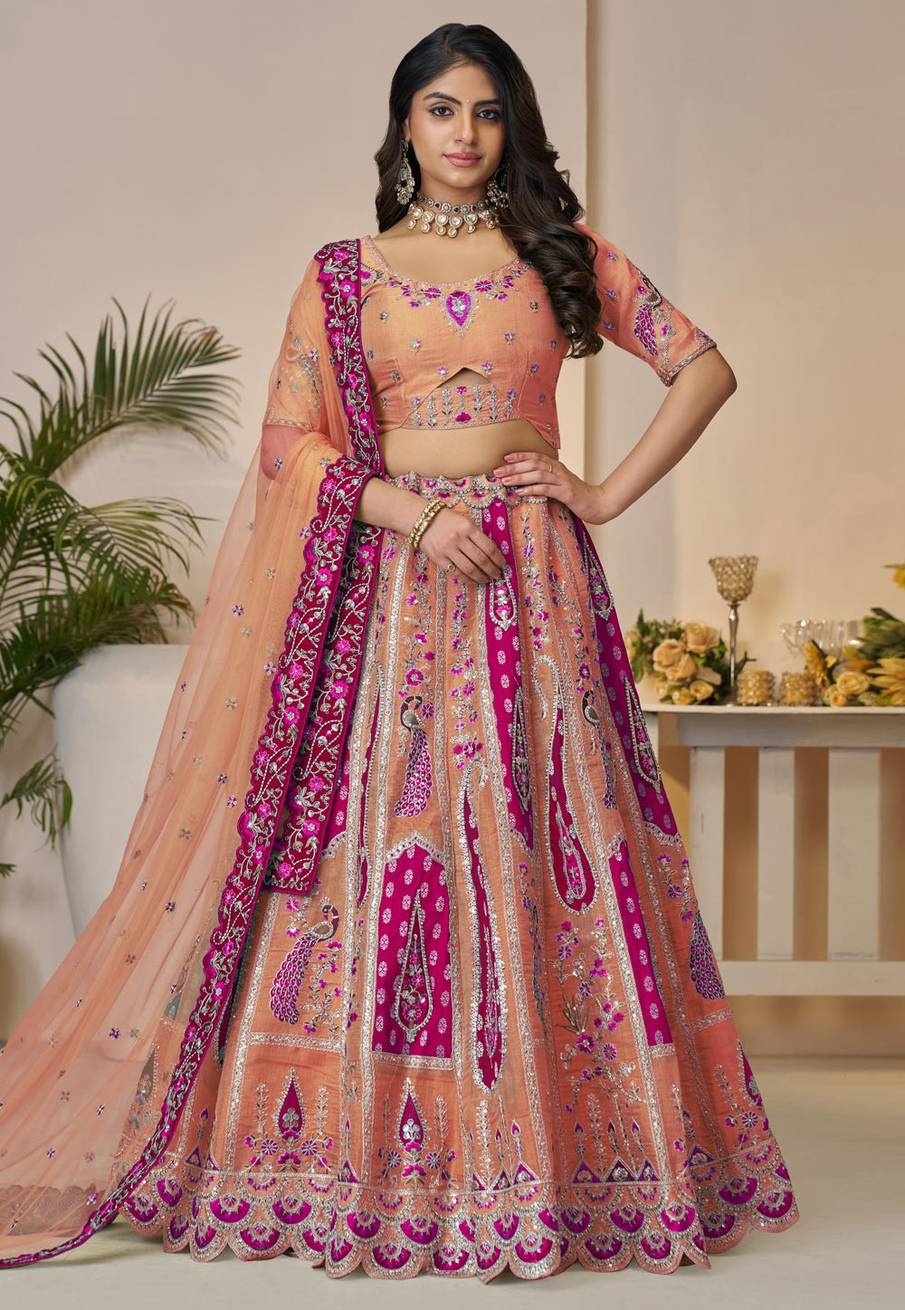 Peach Banarasi Silk Lehenga Choli For Wedding 309026