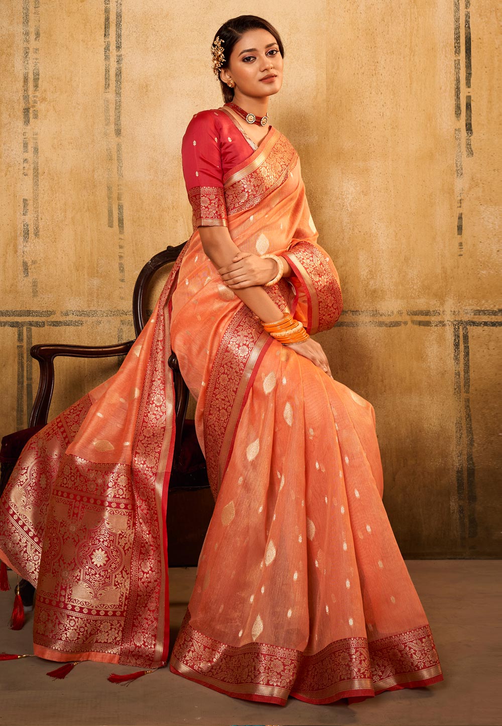 Peach Banarasi Silk Saree 311388