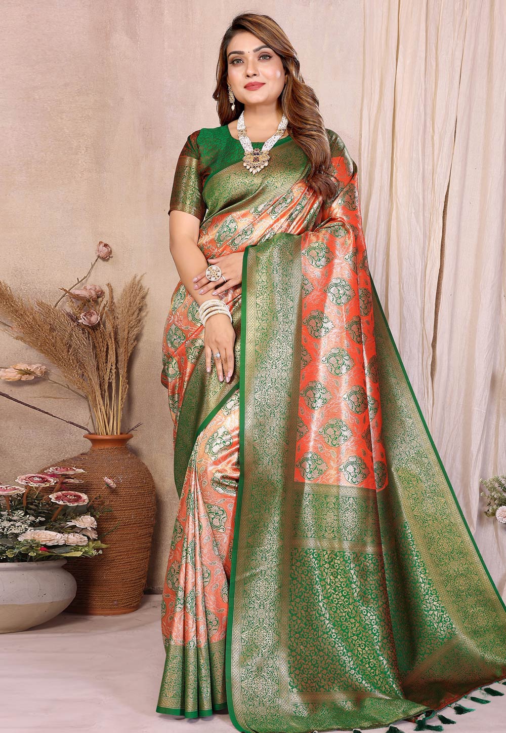 Peach Banarasi Silk Saree With Blouse 320625
