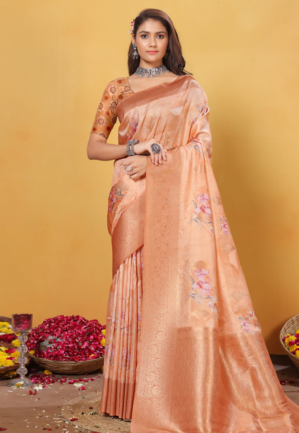 Peach Bemberg Saree With Blouse 308874