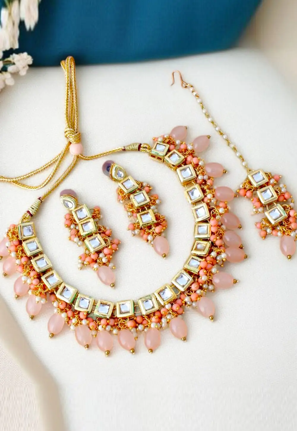 Peach Brasso Necklace Set With Earrings and Maang Tikka 334278