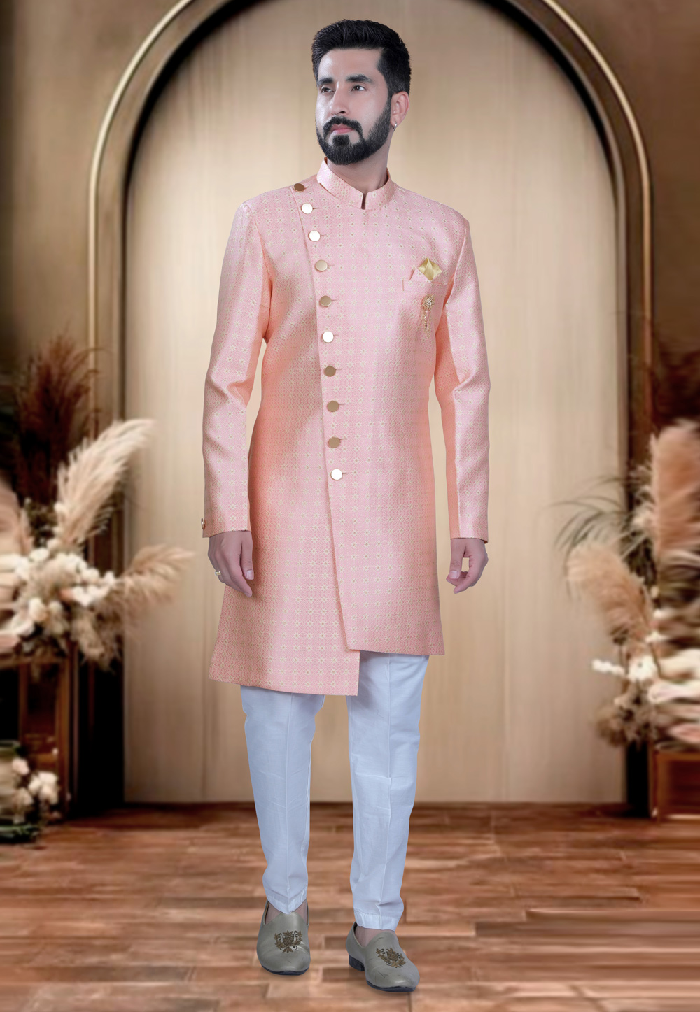Peach Brocade Indo Western Sherwani 319693