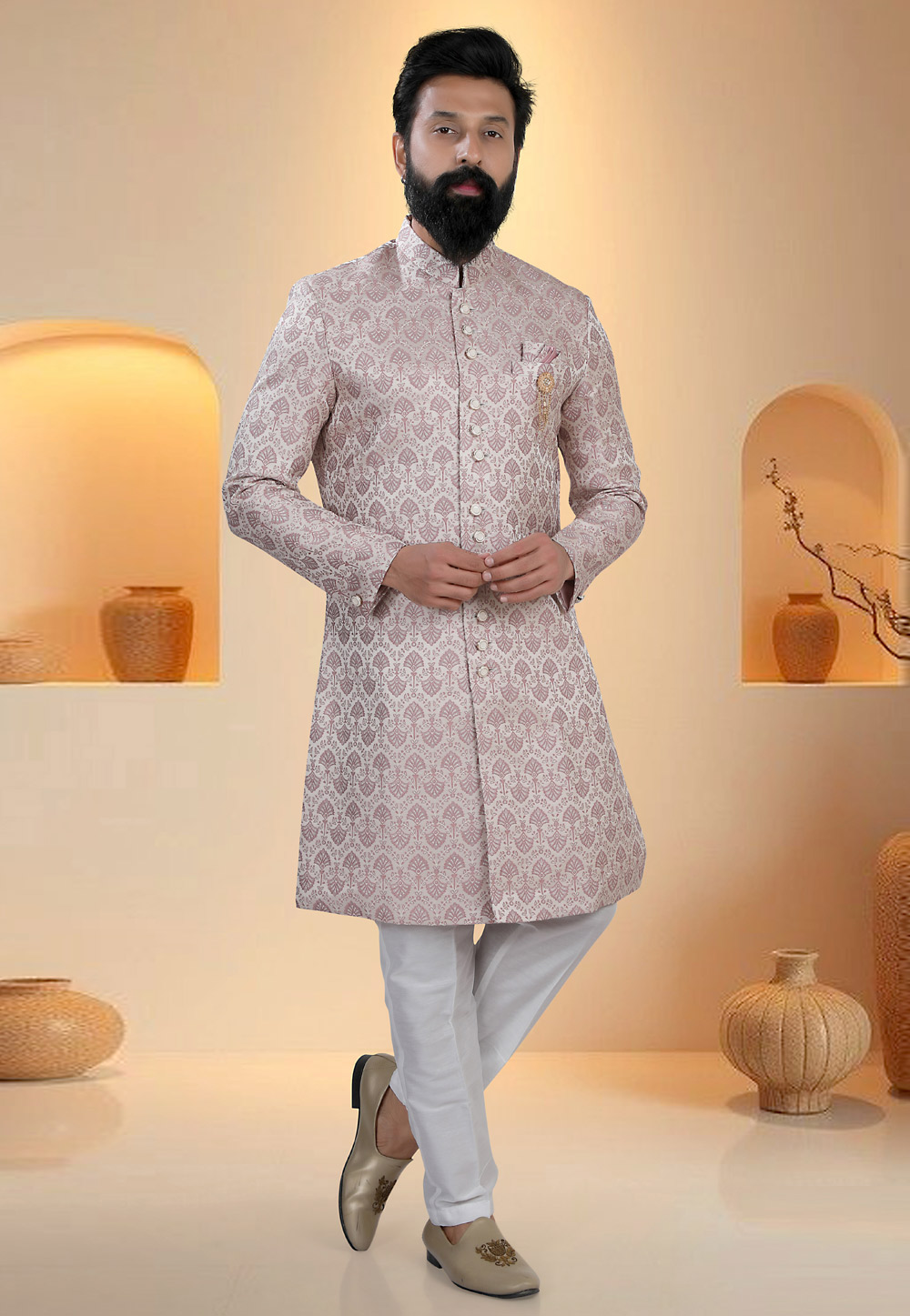 Peach Brocade Indo Western Suit 321307