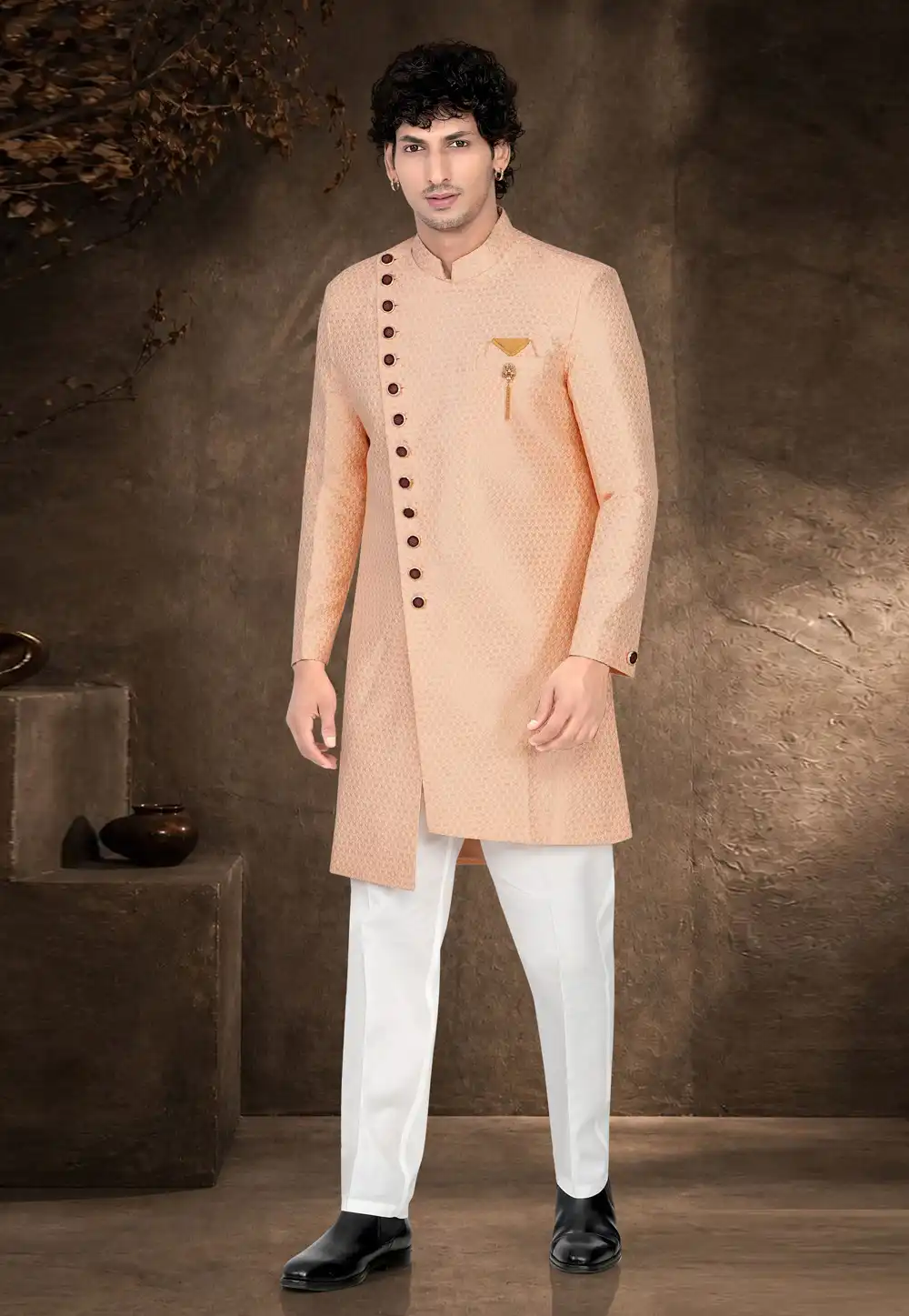 Peach Brocade Indo Western Suit 329884